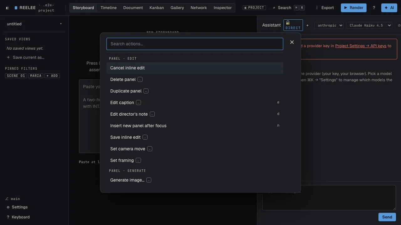 reelee's command palette and AI assistant in the app.