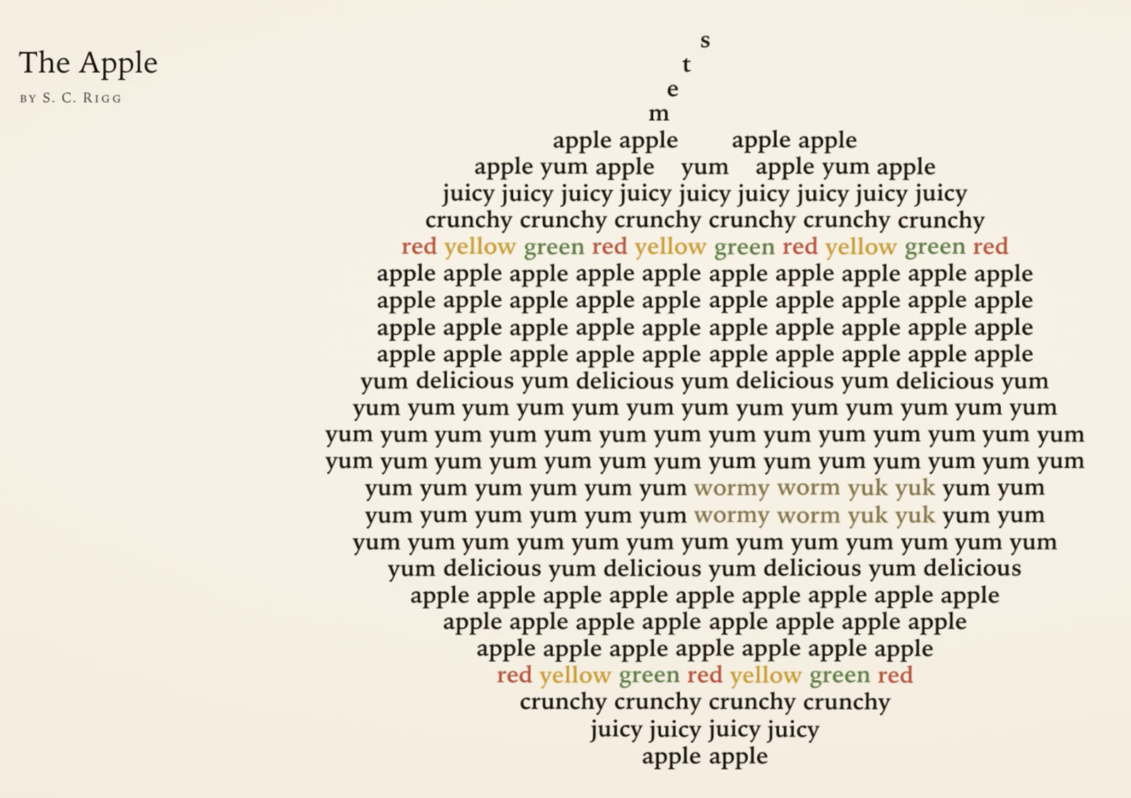 A concrete poem: the words apple, juicy, crunchy and yum arranged in the shape of an apple, with a worm hiding inside.