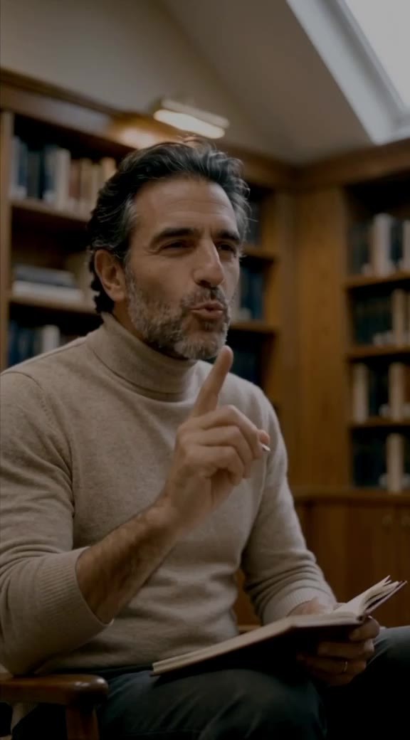 The therapist in a turtleneck raises a finger to make a point.