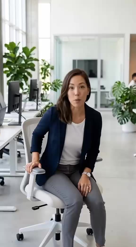 A woman in a blazer speaks to camera in an open-plan office.